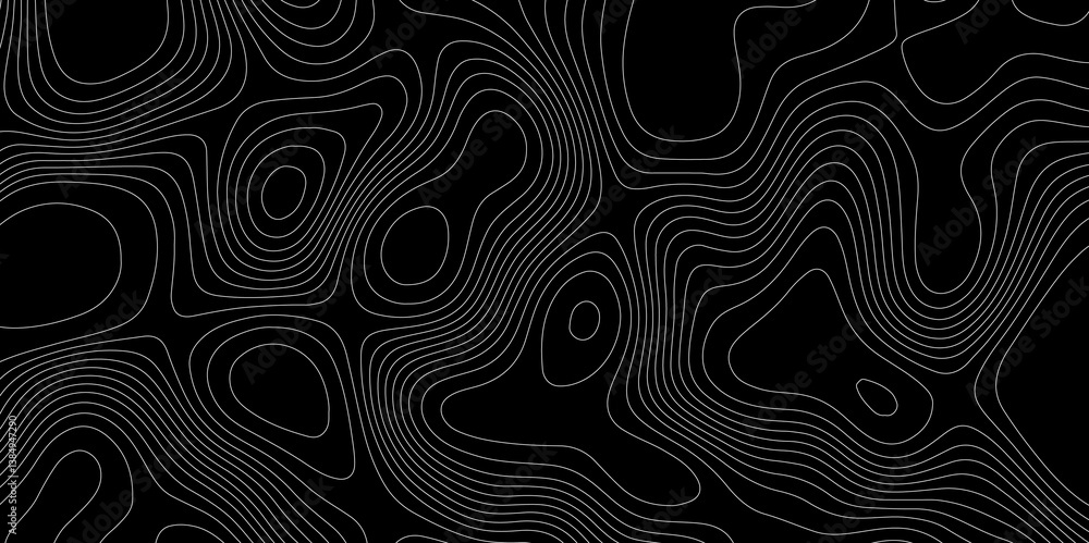 Poster abstract outline topographic contour map pattern with white lines on dark background, modern flat ge