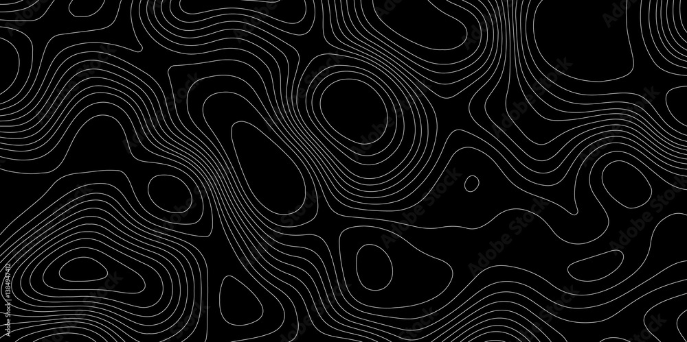 Poster abstract outline topographic contour map pattern with white lines on dark background, modern flat ge