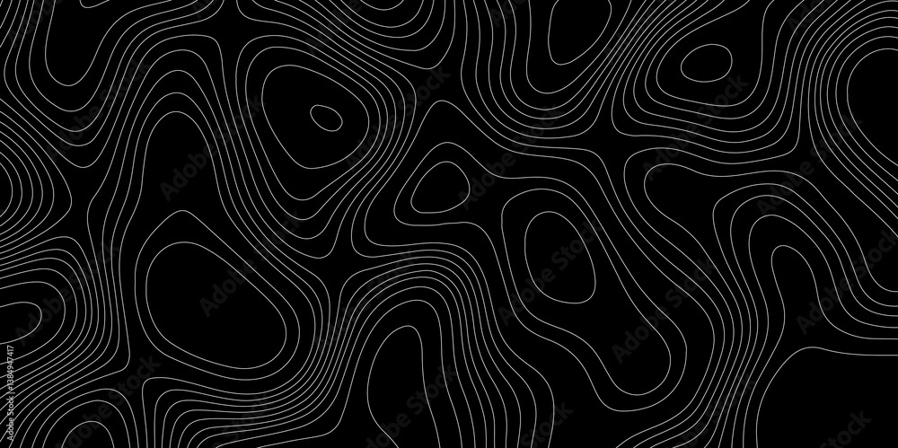 Poster abstract outline topographic contour map pattern with white lines on dark background, modern flat ge