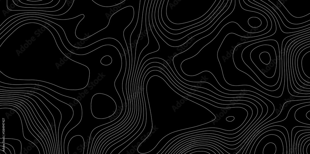 Poster abstract outline topographic contour map pattern with white lines on dark background, modern flat ge