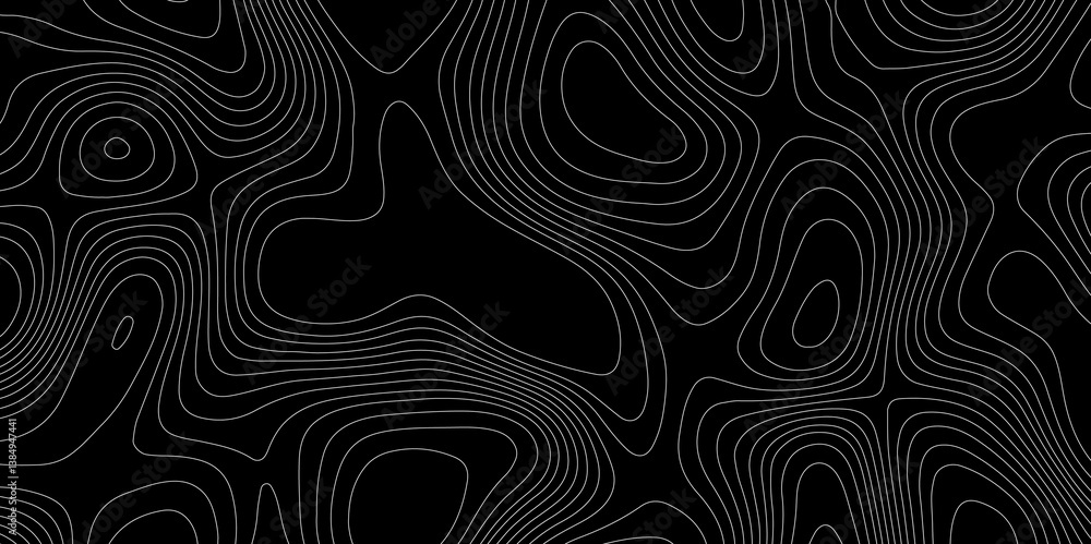 Poster abstract outline topographic contour map pattern with white lines on dark background, modern flat ge