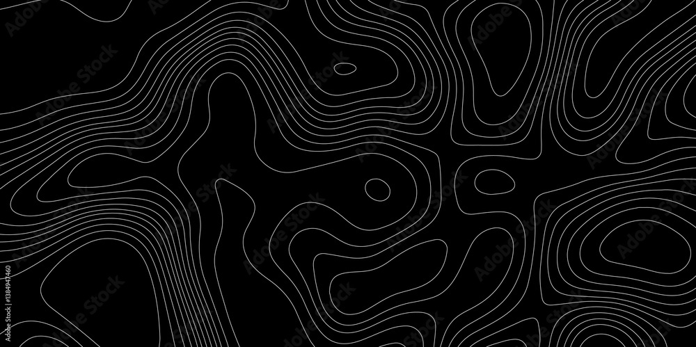 Fototapete abstract outline topographic contour map pattern with white lines on dark background, modern flat ge
