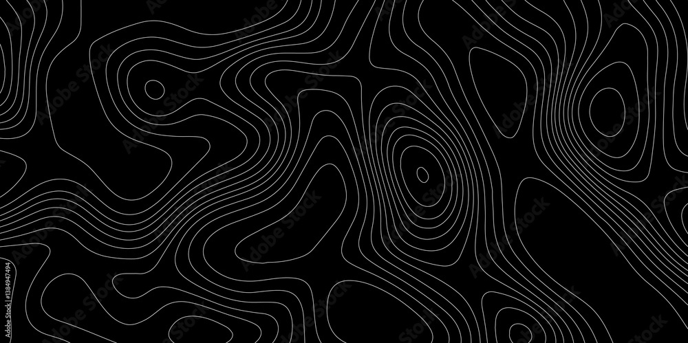 Poster abstract outline topographic contour map pattern with white lines on dark background, modern flat ge