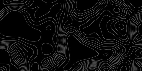Abstract outline topographic contour map pattern with white lines on dark background, modern flat geometrical background terrain grid design black and white cover with topographic wavy pattern.