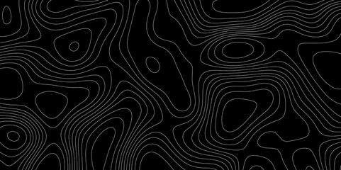 Fototapeta premium Abstract outline topographic contour map pattern with white lines on dark background, modern flat geometrical background terrain grid design black and white cover with topographic wavy pattern.