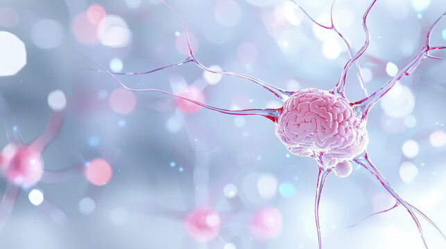 detailed illustration of neuron with pink brain like structure, showcasing intricate connections and soft, blurred background. image evokes sense