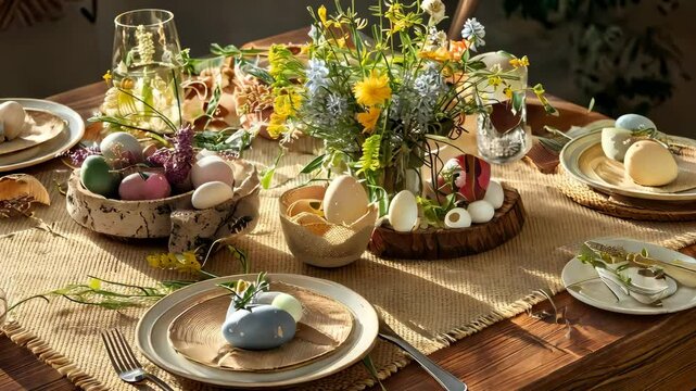 Elegant Rustic Easter Table Setting with Pastel Eggs and Spring Flowers