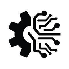 Black and white icon of technology integration showing gear and circuit board symbolizing artificial intelligence and automation