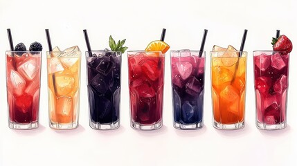 Vibrant and Refreshing Assortment of Colorful Summer Drinks with Ice and Fruit Garnishes