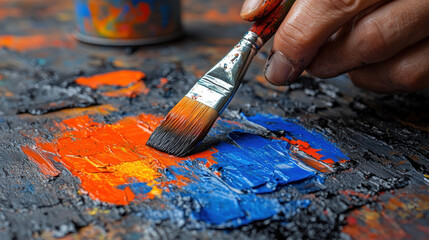 Fototapeta premium hand holding paintbrush mixes vibrant orange and blue paint on textured surface, showcasing creativity and artistic expression