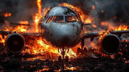 Devastating airplane crash engulfing in flames on damaged landing strip