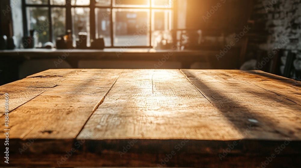 Leinwandbilder empty wooden tabletop illuminated by setting sun through window in workshop