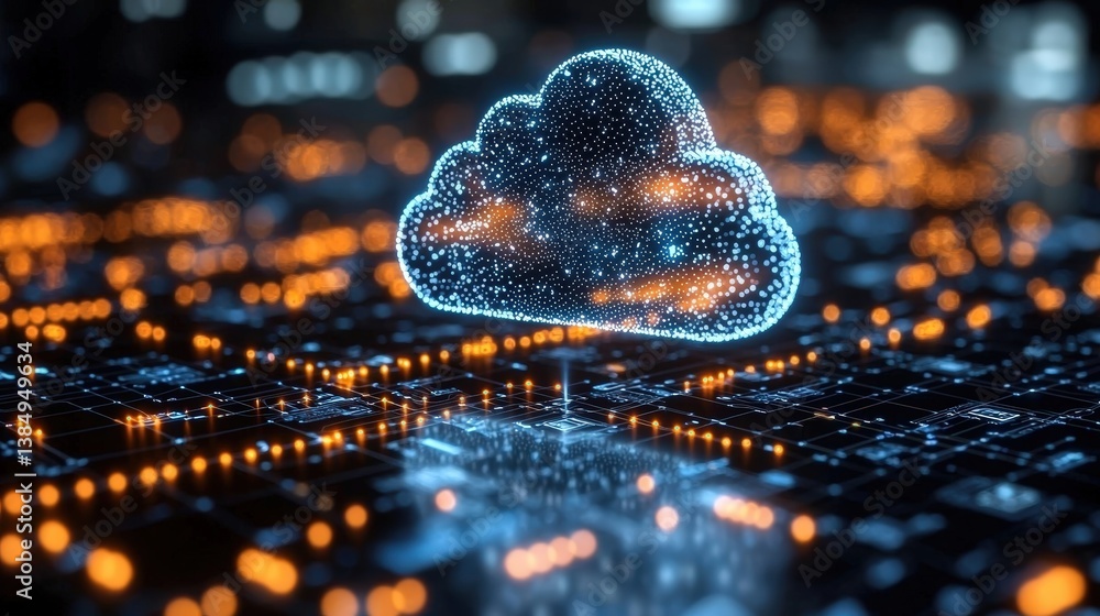 Poster futuristic cloud computing concept with digital network and data connectivity visualization