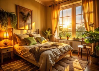 Fototapeta premium Cozy Sunlit Bedroom: Serene Morning Light in a Warm, Inviting Space