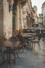 Outdoor seating of a cozy café with brown wooden tables and chairs, scattered autumn leaves, and a...