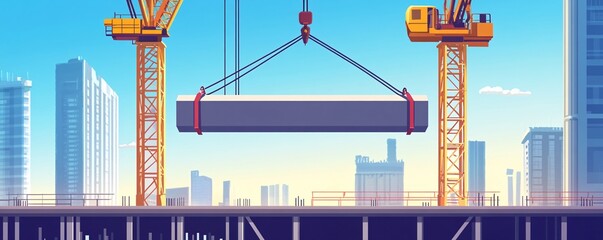 Construction site with cranes lifting concrete slab on cityscape background