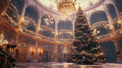 Obraz premium Ornate ballroom adorned with christmas decorations and falling snow