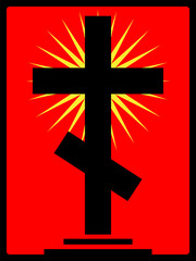 Vector image of a cross in a minimalist style. In black color on a red background and an abstract image of the sun in the background.