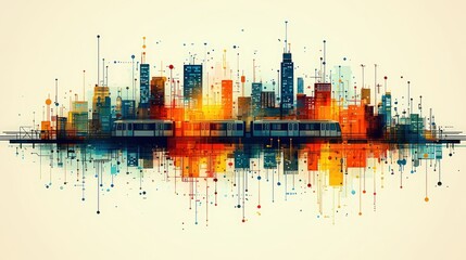 Fototapeta premium Abstract Cityscape with Trains and Colorful Urban Skyline Reflection at Sunset