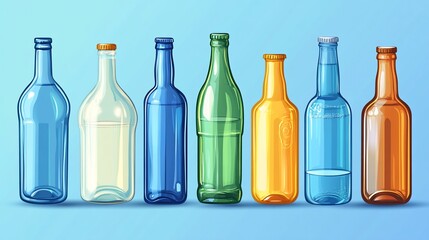 Collection of Colorful Glass Bottles Standing in a Row Against Blue Backdrop