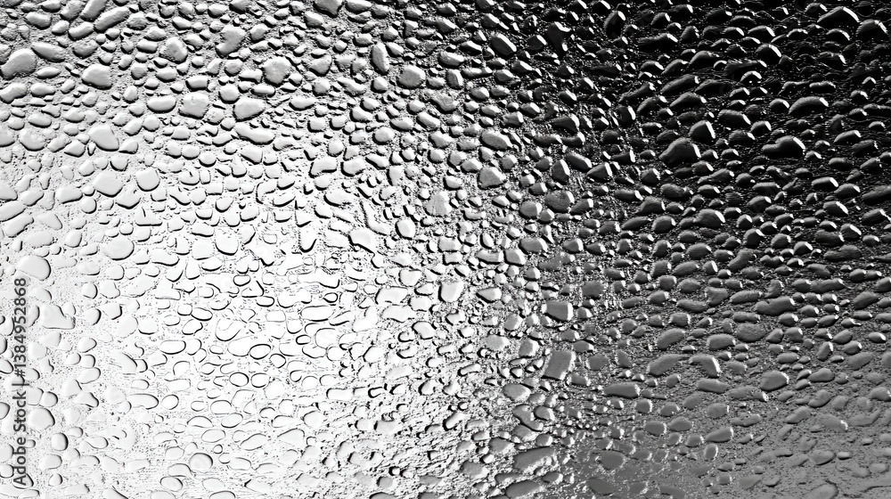 Poster monochrome water droplets clustering across glass surface, creating detailed textural gradient from 
