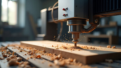 The image shows the process of wood processing on a CNC machine.