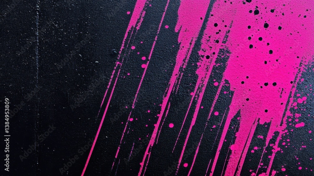 Poster diagonal pink spray paint arcing across textured black surface, generating vivid color contrast with