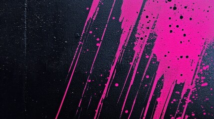 Diagonal pink spray paint arcing across textured black surface, generating vivid color contrast with dynamic paint splatters and fluid artistic strokes