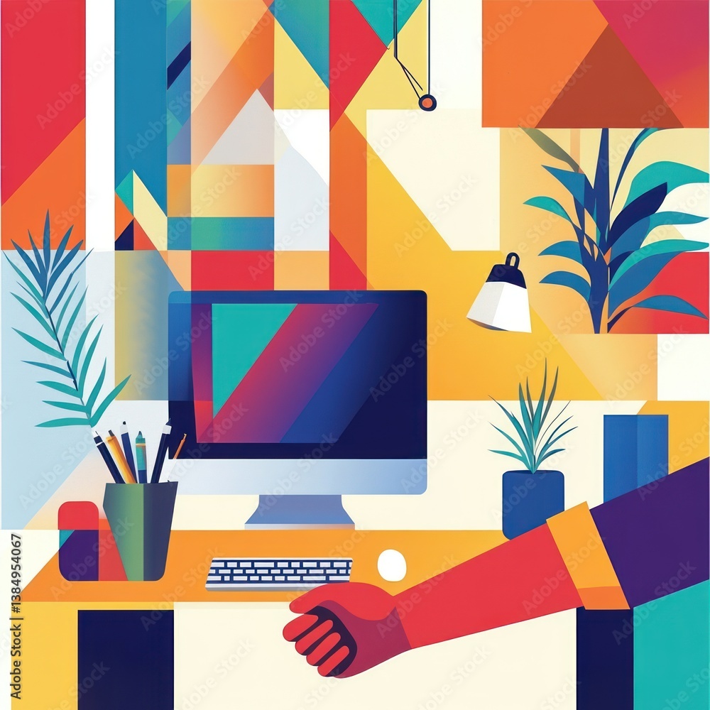 Poster geometric design artwork featuring a workspace with computer and plants