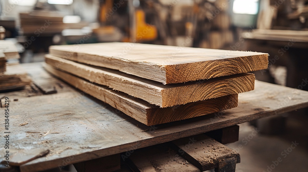 Poster Stack of wooden planks resting on workbench in carpentry workshop