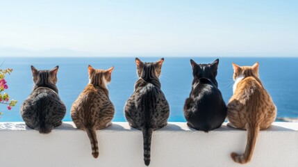 Five cats gaze at the azure sea from a white terrace wall, enjoying a sunny day
