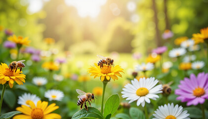 Fototapeta premium A charming garden scene, a garden full of bees buzzing among blooming flowers, illustrating a thriving and balanced ecosystem 