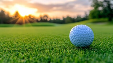 A quiet golf scene at sunset, focusing on a golf ball on the green, ideal for themes of sports and recreation