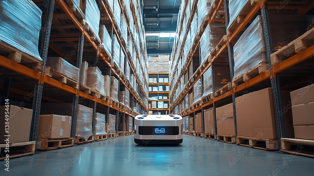 Poster an ai powered autonomous warehouse robot navigating aisles and picking inventory in a logistics cent