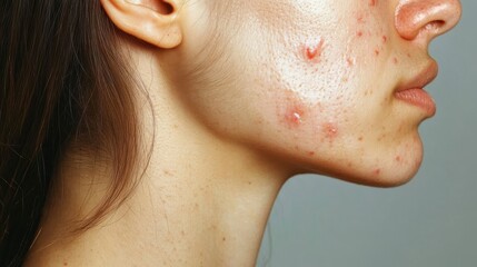 Young woman facing severe facial acne, displaying prominent pimples and skin redness, demonstrating challenges of dermatological skin condition