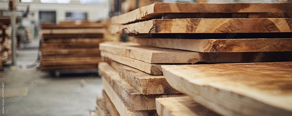 Poster stacks of lumber drying in carpentry workshop