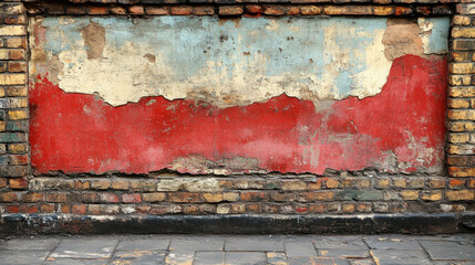 Fototapeta premium weathered wall with peeling paint, showcasing mix of red and blue colors, and exposed bricks, creating rustic and vintage feel