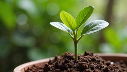 Naklejka premium A close-up of a delicate transplanting ficus tree with vibrant green leaves against dark soil 