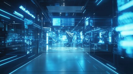 futuristic vr warehouse with holographic inventory displays robots navigating aisles and workers using augmented reality interfaces sleek design cool blue lighting and dynamic visual elements