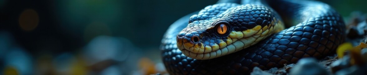 Obraz premium Snake's face with piercing gaze, scales glisten in moonlight, animal eyes, animal, blue viper snake closeup