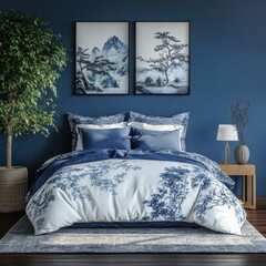 Serene blue bedroom with duvet cover, pillows, and Asian-inspired art.