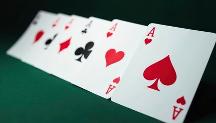 Obraz premium Playing cards arranged in a row showing an ace of each suit , playing cards, diamonds, pattern