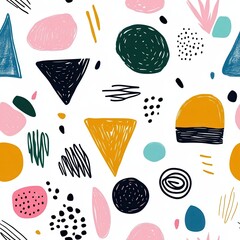 Playful Abstract Seamless Pattern with Hand-Drawn Shapes in Bold Colors