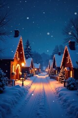 Snowy village street at night with Christmas lights and decorated houses , decorations, christmas, holiday