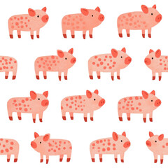 Childlike Seamless Pattern of Cute Pink Pigs on Transparent Background in Whimsical Flat Vector Style