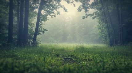 Obraz premium Misty forest clearing, tranquil nature scene, perfect for backgrounds