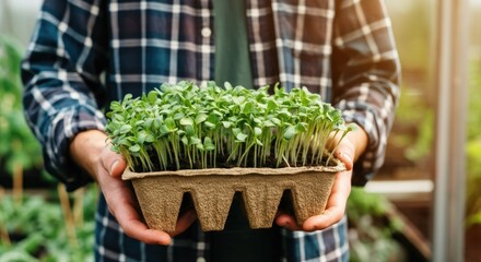Fototapeta premium Person holding tray of young seedlings in sunlight, emphasizing gardening