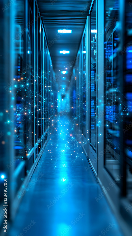 Aufkleber data center server room with glowing network connections visualization