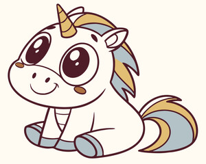 Fototapeta premium Cute cartoon unicorn with big eyes sitting on light background 