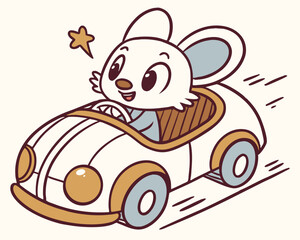 Fototapeta premium Cute cartoon mouse driving a car with excitement against a light background 